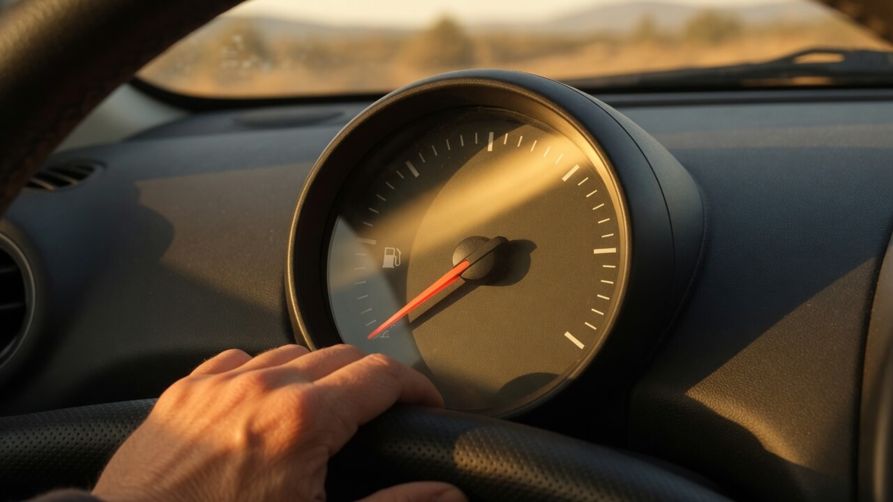 bank reconciliation QuickBooks Online concept — car fuel gauge near empty showing the risk of guessing your balance