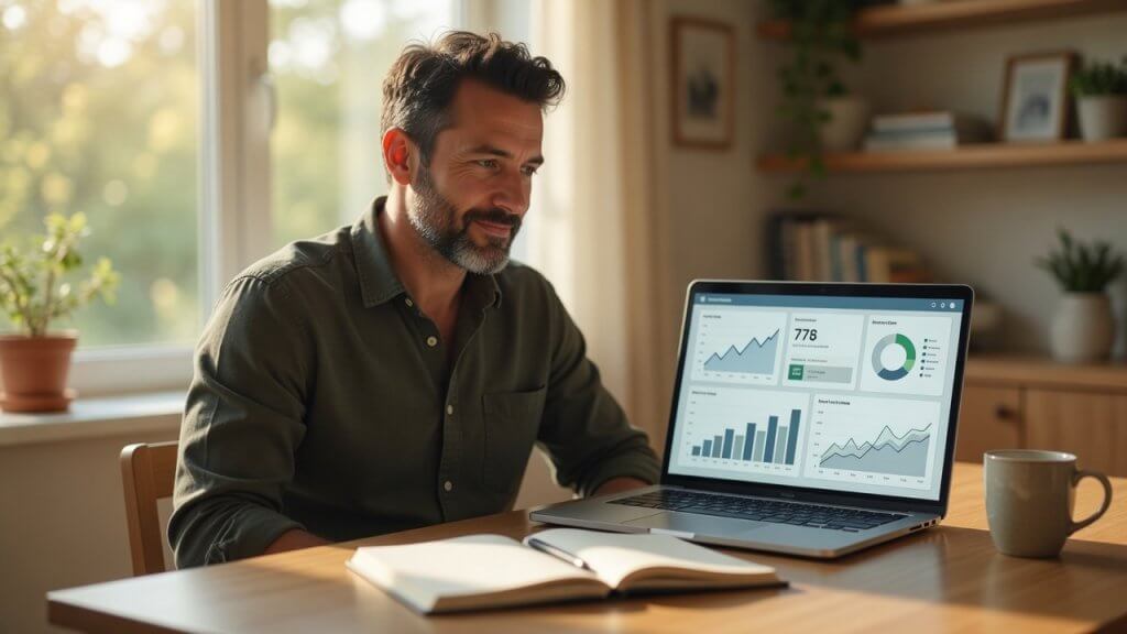 Small business owner reviewing QuickBooks Online setup on laptop at a clean, organized home office desk