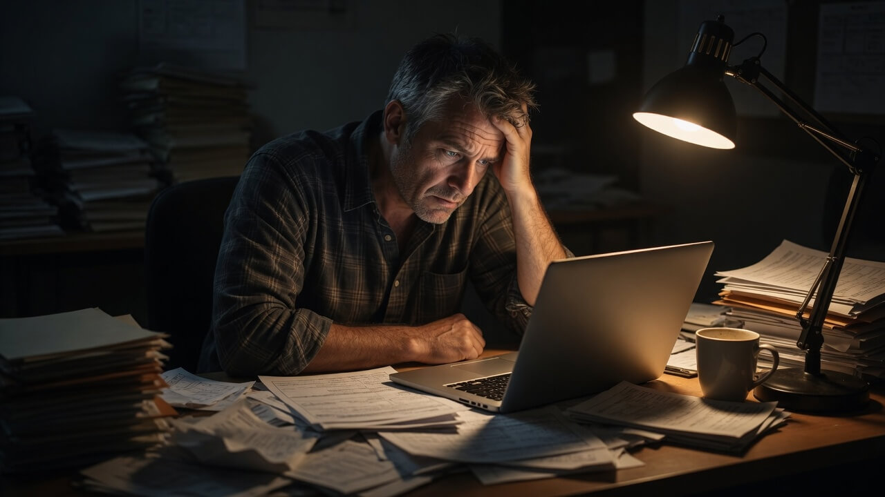 Small business owner frustrated reviewing messy QuickBooks books before hiring a ProAdvisor