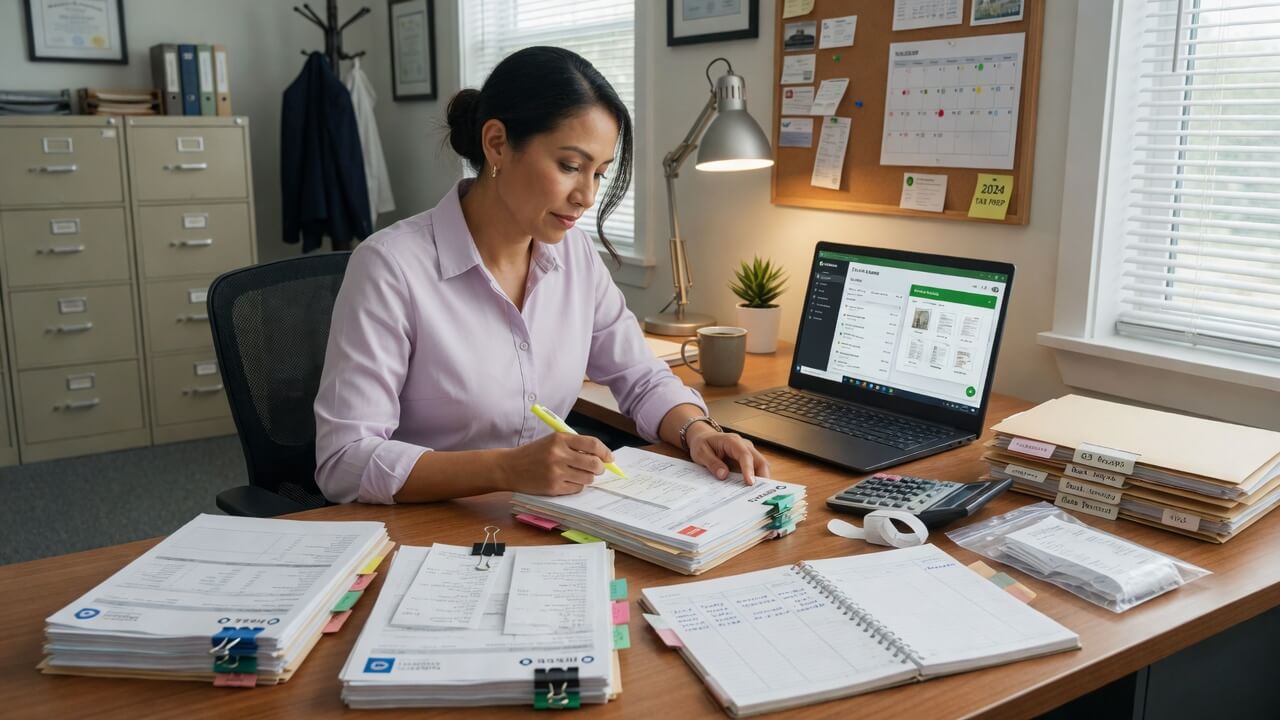 Business owner organizing bank statements and financial documents to prepare for bookkeeping pricing quote