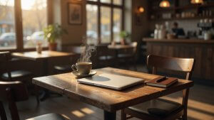 Small business owner burnout warning signs — empty desk with closed laptop and cooling coffee