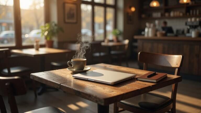 Small business owner burnout warning signs — empty desk with closed laptop and cooling coffee