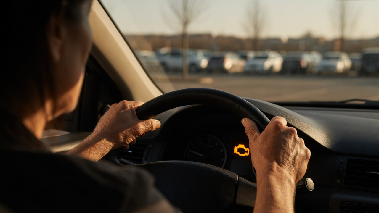 Check engine warning light on car dashboard — business owner working too many hours warning sign