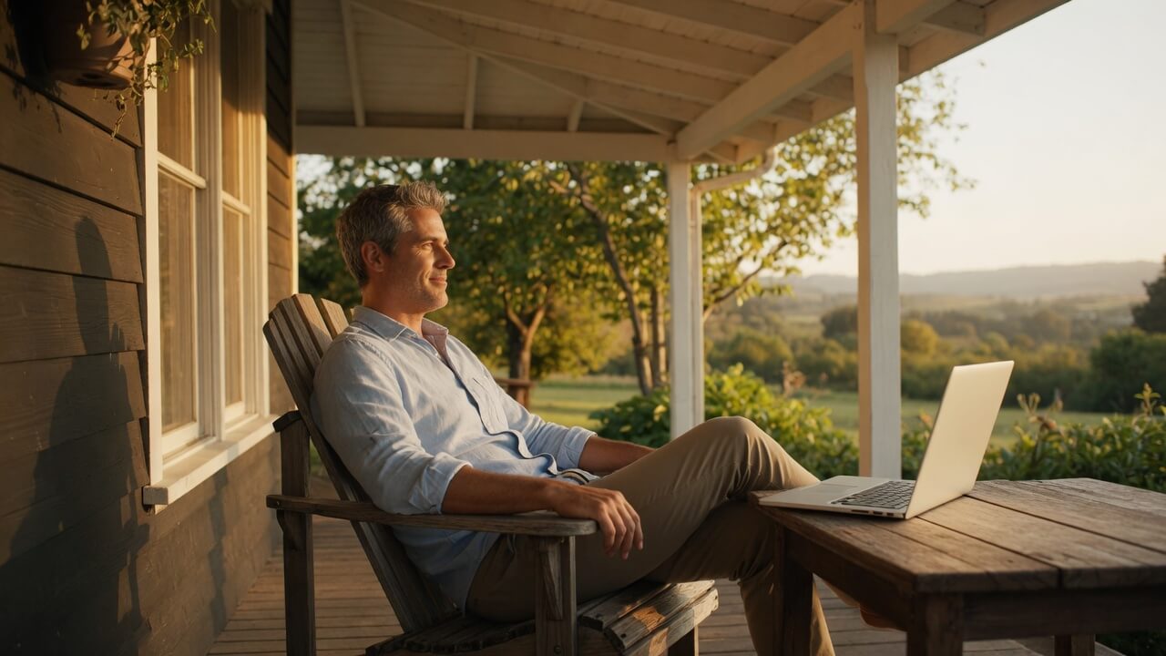 Burnout recovery for entrepreneurs — business owner relaxed on porch on a Wednesday afternoon