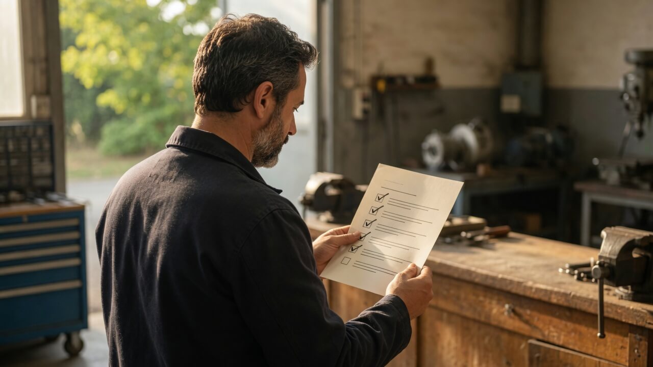 Business systems and burnout — business owner reviewing maintenance checklist in service environment