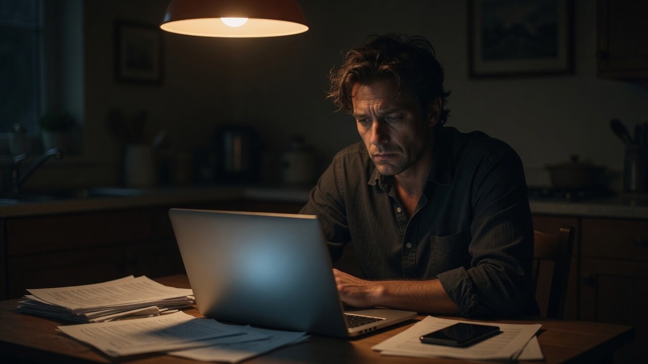 Business owner showing signs of entrepreneur burnout at kitchen table late at night