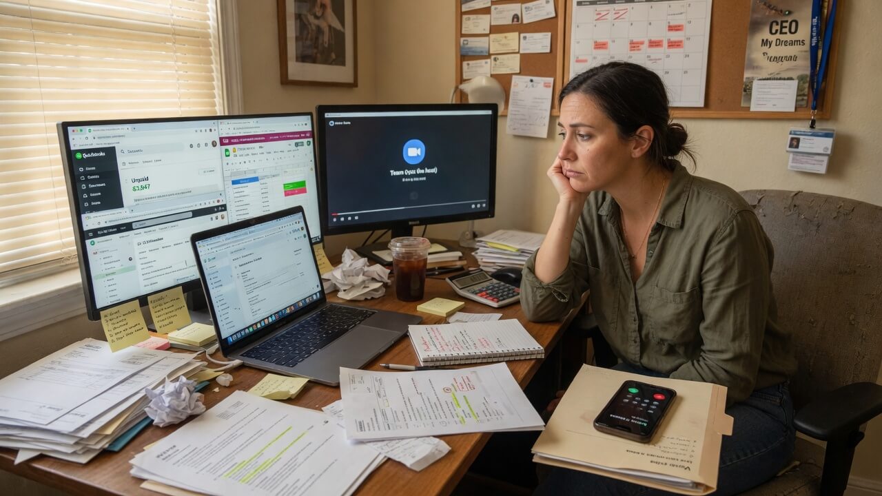 frustrated solopreneur overwhelmed by multiple business roles at cluttered desk