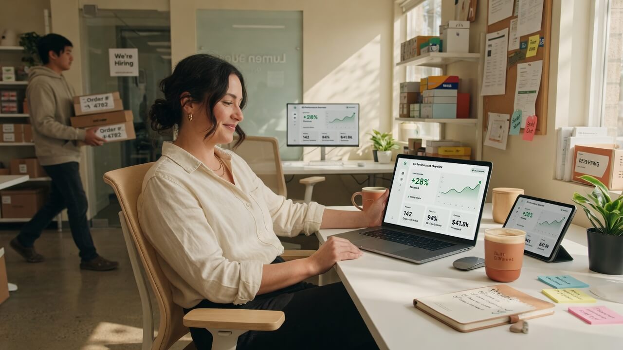 solopreneur reviewing team performance dashboard calmly at organized desk