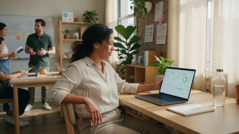solopreneur sitting back from clean desk reviewing business strategy with calm focused expression
