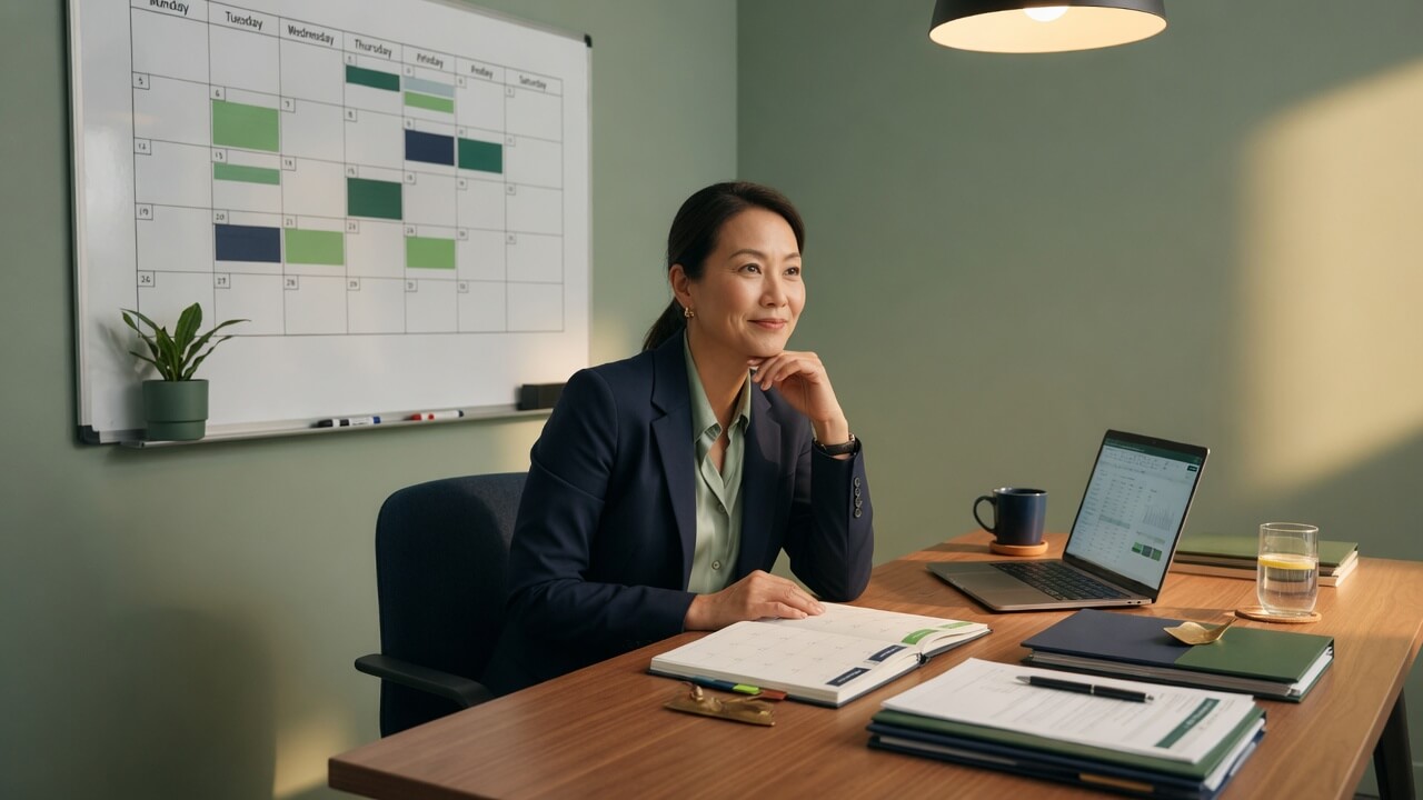 small business owner reviewing a 90-day financial plan with calendar and organized books before october 15