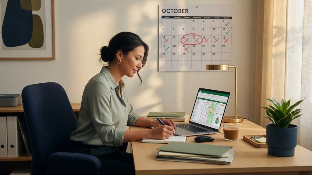 small business owner at desk reviewing bookkeeping documents with october 15 tax deadline on calendar