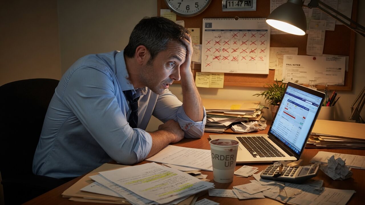 stressed small business owner surrounded by disorganized financial paperwork before tax extension deadline