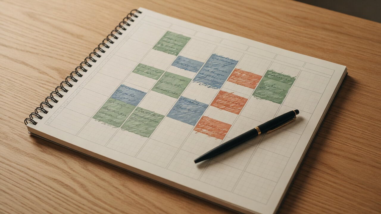 solopreneur productivity system — weekly calendar with labeled time blocks showing deep work, admin, and buffer zones