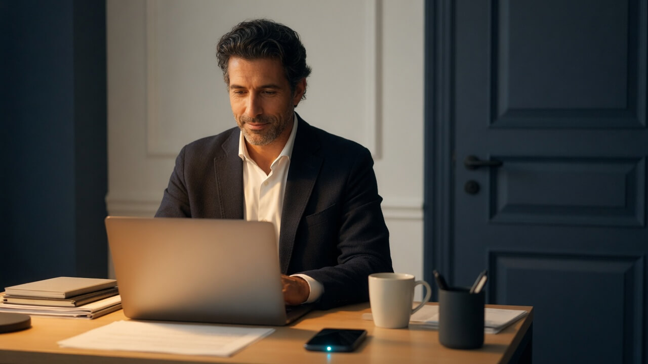 protect focus time as a business owner — solopreneur calmly working while phone is silenced and door is closed