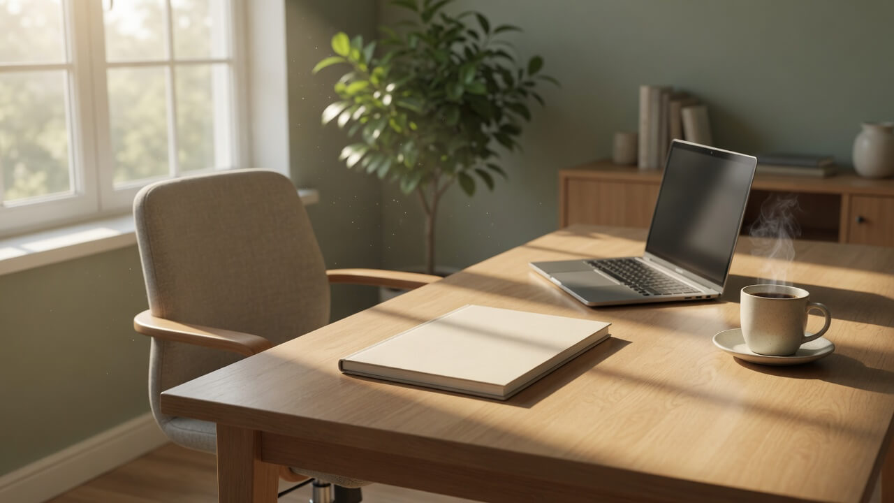 Clean organized desk with a single closed folder after bookkeeping is caught up