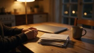 Business owner at a kitchen table late at night with unopened mail and bank statements beside a laptop