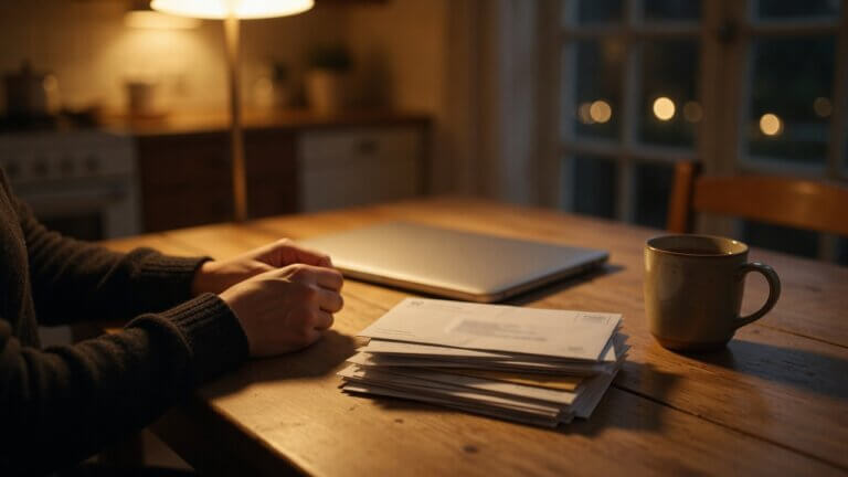 Business owner at a kitchen table late at night with unopened mail and bank statements beside a laptop