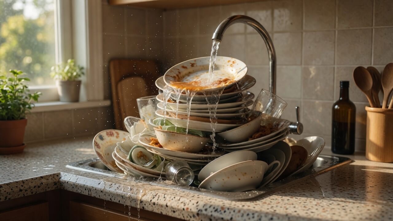 A month of piled-up dishes at the sink — what skipping your monthly bookkeeping checklist looks like