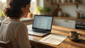 Monthly bookkeeping checklist done: owner finishing a 15-minute month-end close at the kitchen table