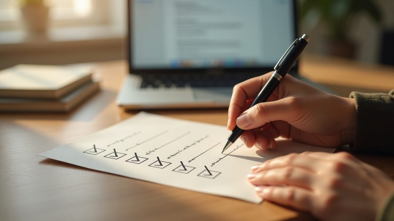 Handwritten month-end close checklist beside a laptop showing QuickBooks Online