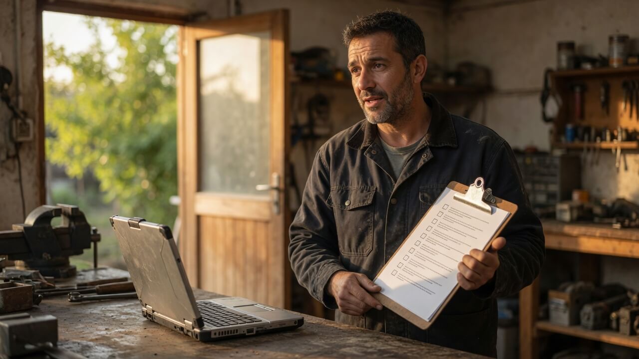 Service business owner working a small business bookkeeping checklist at a workshop counter
