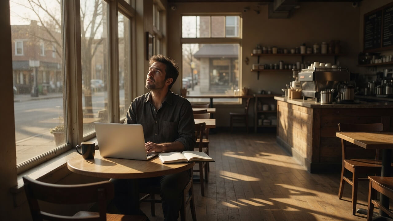 Small business owner reviewing monthly bookkeeping tasks at a kitchen table at night
