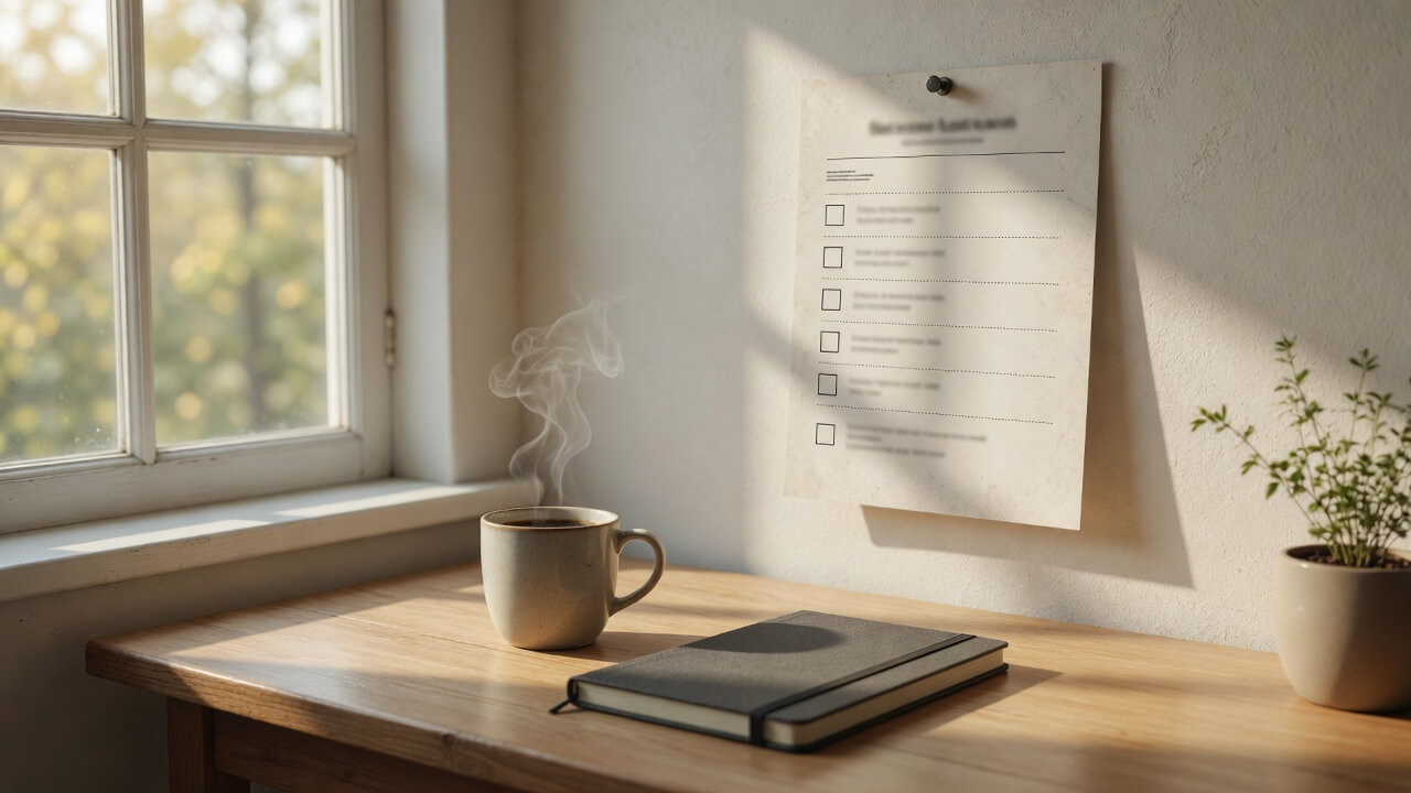 Printed bookkeeping checklist template with checked boxes next to morning coffee