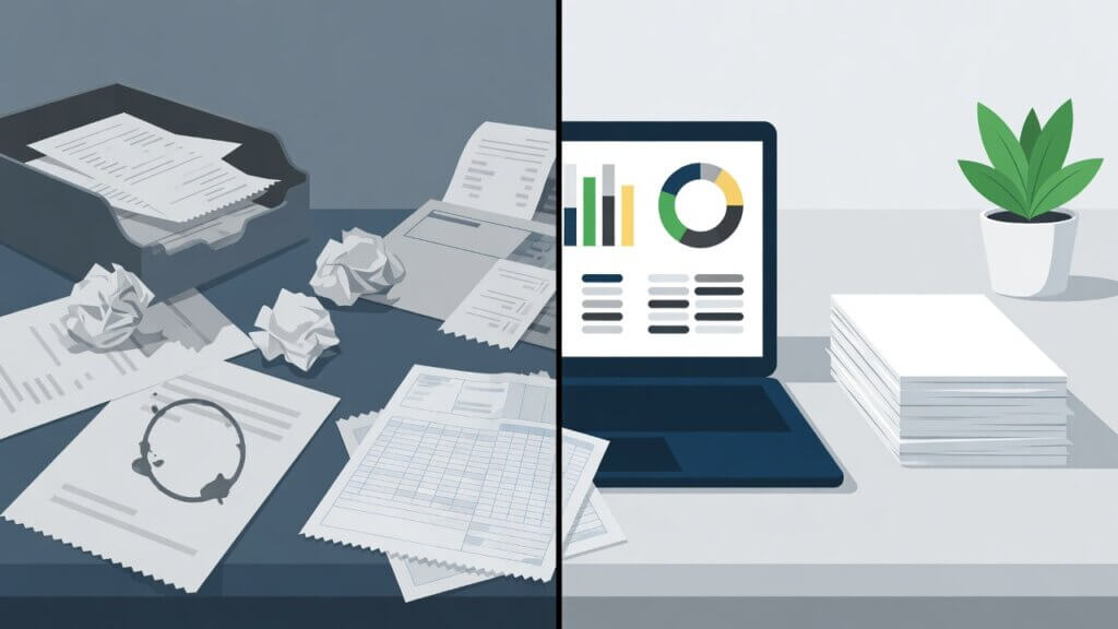 Split before-and-after illustration: on the left, a cluttered desk of scattered receipts, crumpled paper and an overflowing tray; on the right, a clean desk with a laptop showing a tidy accounting dashboard.