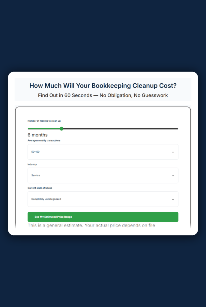 Tax extension cleanup calculator showing an estimated bookkeeping cleanup cost