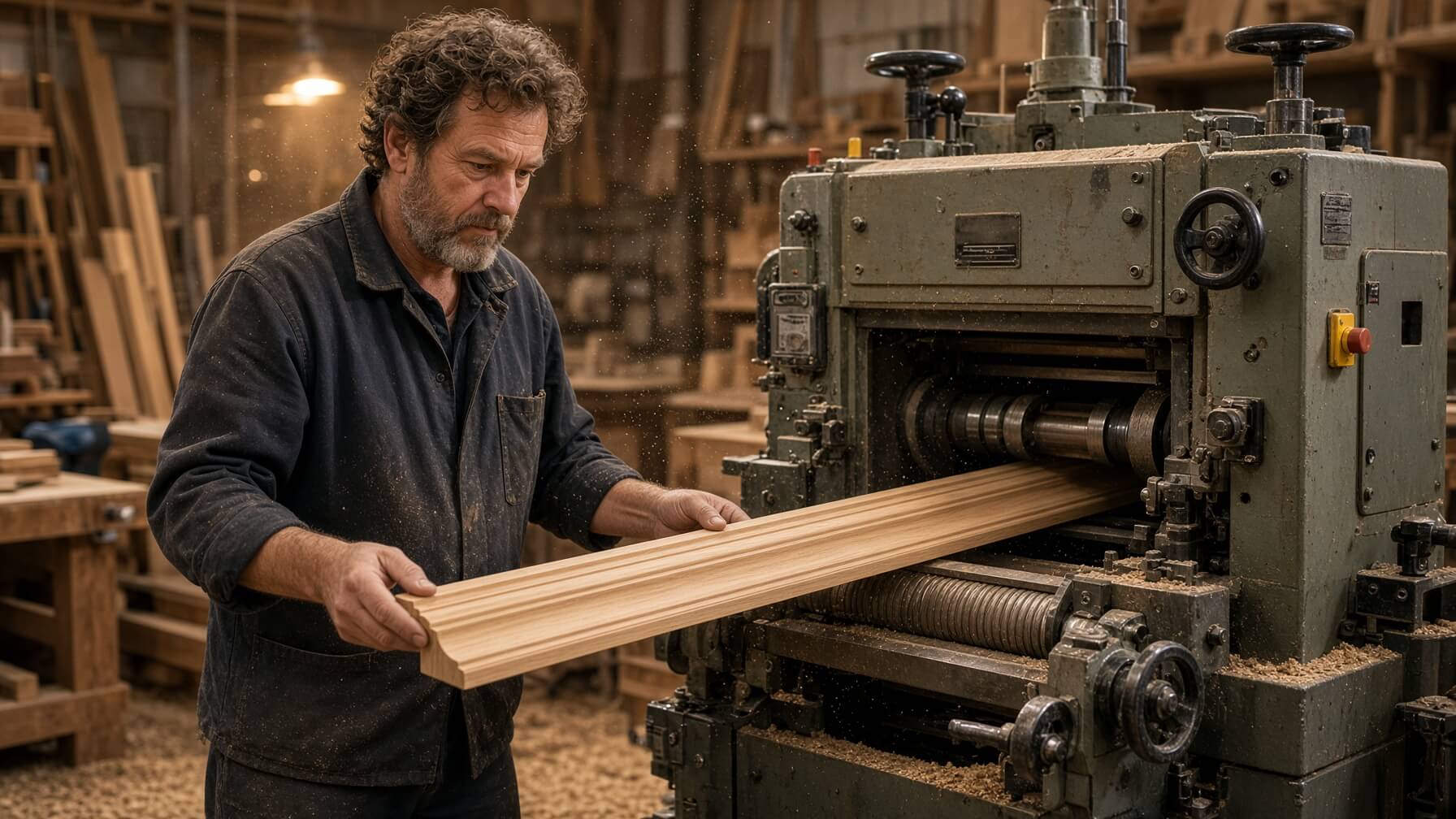 Woodworking moulder machine running while a craftsman inspects a finished piece