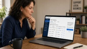 A bookkeeper reviewing AI-suggested transactions on a laptop in a small business office