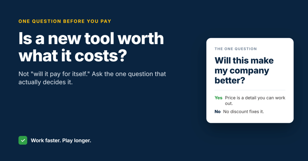 Navy card asking whether a new tool is worth paying for, with the one question: will this make my company better?