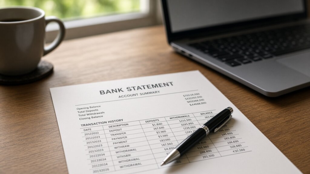 A printed bank statement on a wooden desk with a pen resting on it, beside a laptop and a coffee mug, ready for a bank reconciliation.